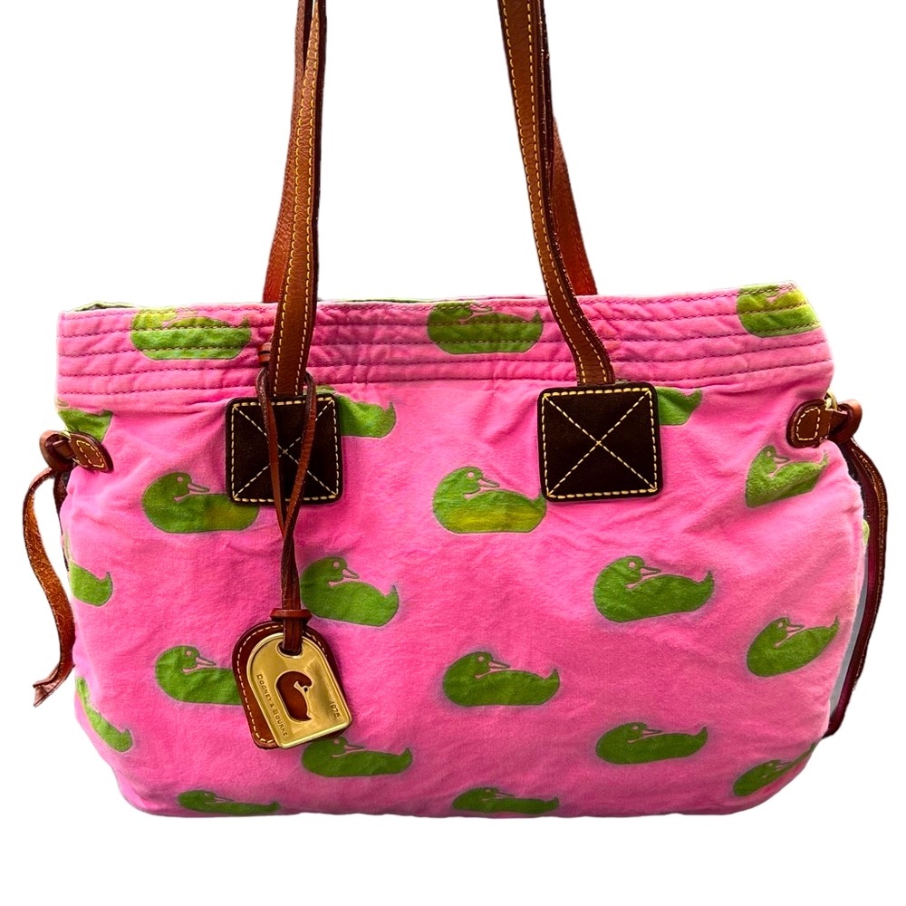 Dooney & Bourke Pink Tote with Green Duck Print and Brown Leather Trim